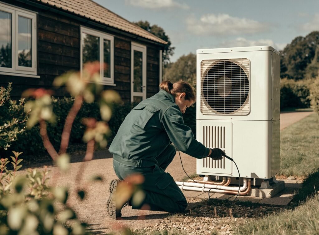 A discreet heat pump installation beside a lodge with a professional engineer at work