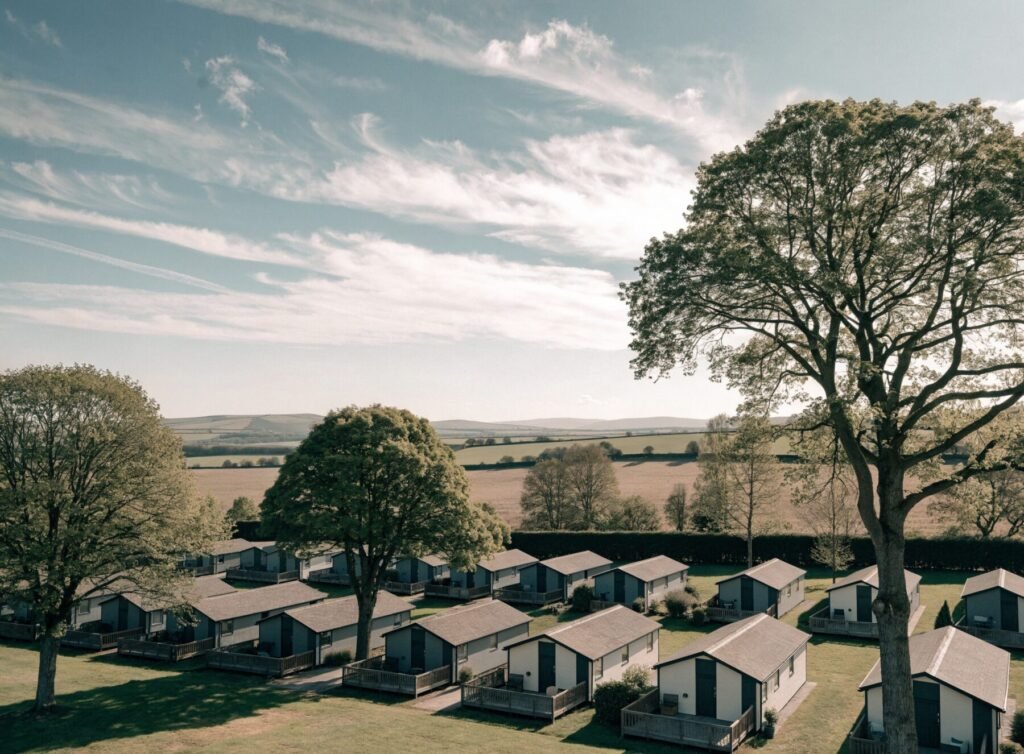 An attractive UK holiday park with rows of modern lodges in spring light